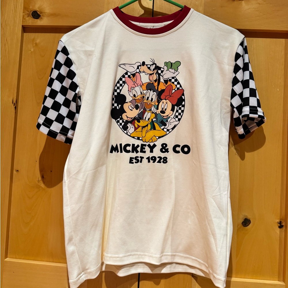 Nora Madison Disney Mickey & Co White Graphic Tee with Checkered Sleeves